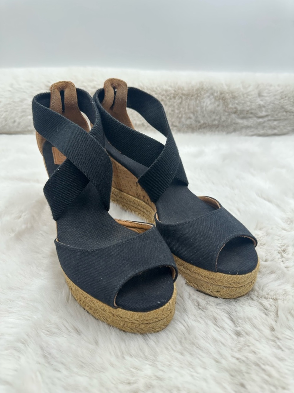 Tory Burch Frieda Espadrille Wedge Sandals Black Strappy‎ Ankle Tie Size 6
